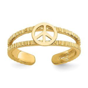 14k Yellow Gold Solid Toe Ring Peace Sign Adjustable